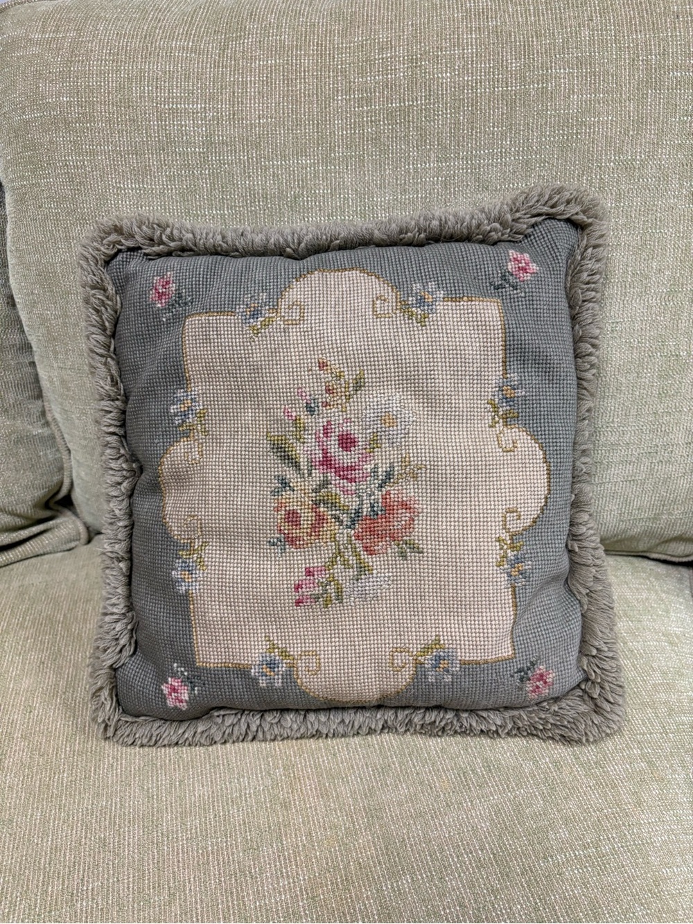 Embroidered Floral Needlepoint Throw Pillow - Gray and Cream 14x14”